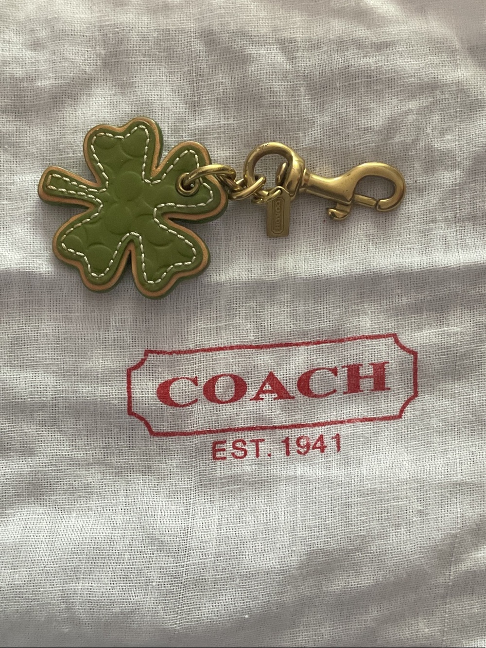 Coach Lime Green Clover Leather Key Charm with Gold Hardware